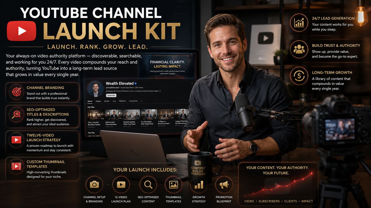 YouTube Authority Engine — the YouTube channel launch kit with branding, SEO, twelve-video launch strategy, and custom thumbnails