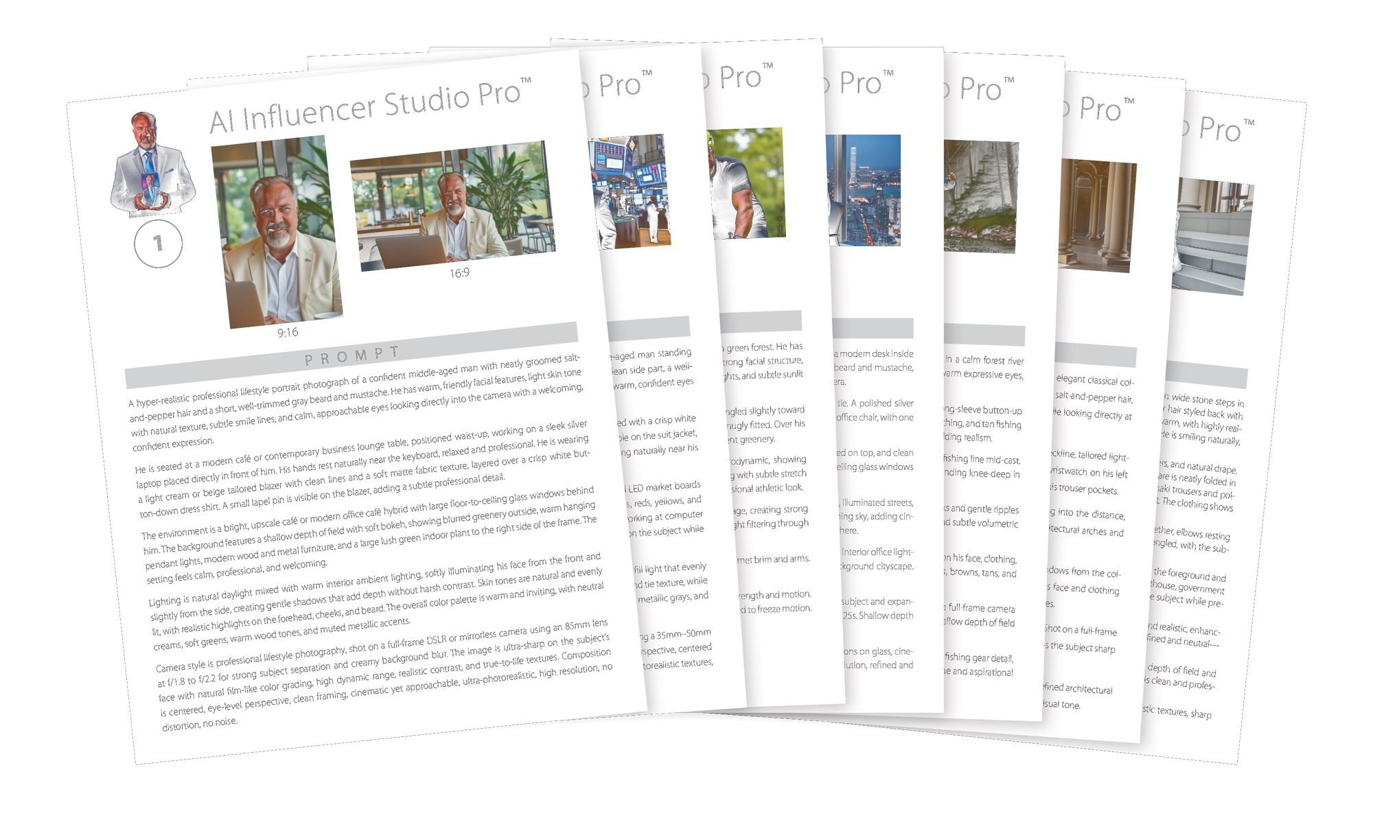 Sample pages from The Avatar Prompt Vault, each showing a generated scene and the precision-crafted prompt behind it