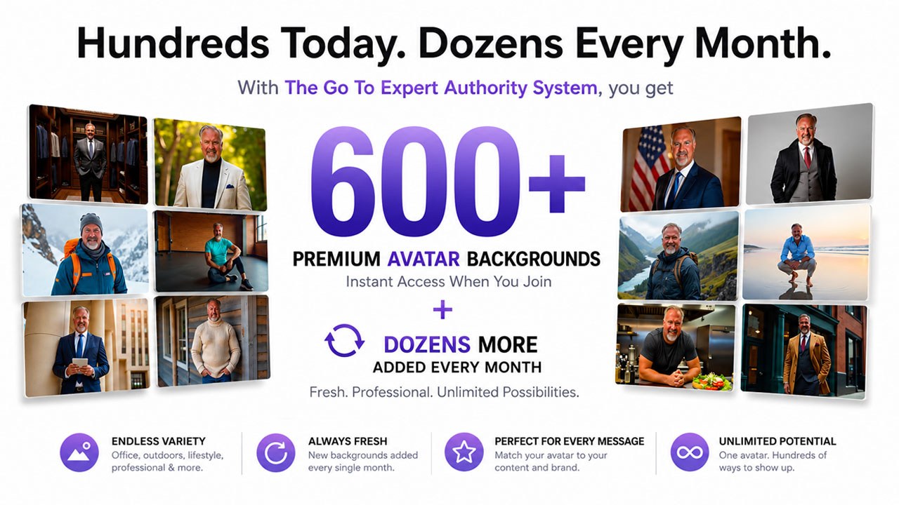 600+ premium avatar backgrounds — hundreds today, dozens more added every month. Endless variety, always fresh, perfect for every message, unlimited potential.