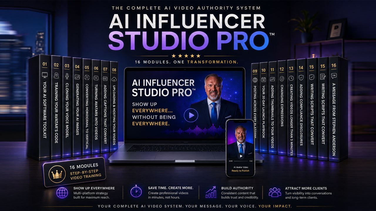 AI Influencer Studio Pro — the complete AI video authority system showcase featuring 16 modules of step-by-step video training, laptop preview, mobile preview, and four core benefits: Show up everywhere, Save time create more, Build authority, Attract more clients