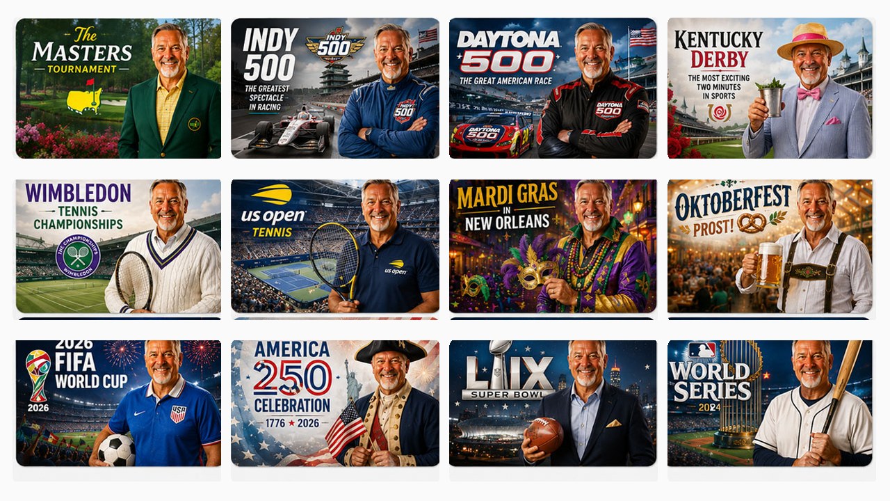 Special Events library &mdash; 12 major event avatar scenes including The Masters, Indy 500, Daytona 500, Kentucky Derby, Wimbledon, US Open Tennis, Mardi Gras, Oktoberfest, FIFA World Cup, America 250, Super Bowl, and World Series