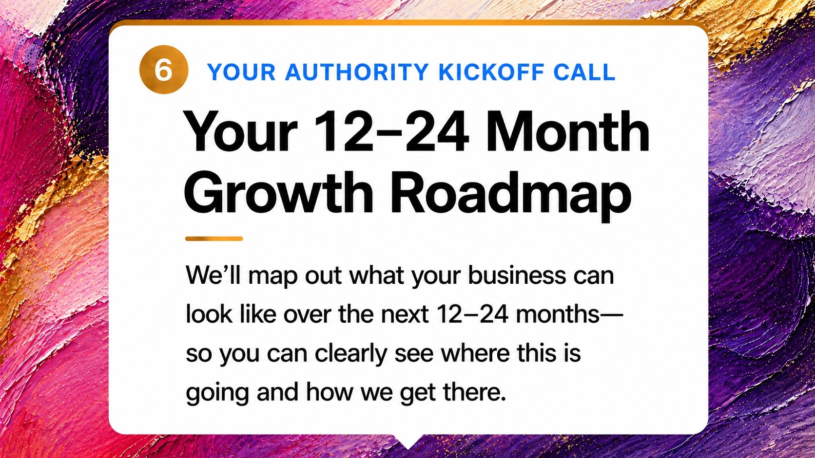 Card 6 — Your 12 to 24 Month Growth Roadmap: we'll map out what your business can look like over the next 12 to 24 months.