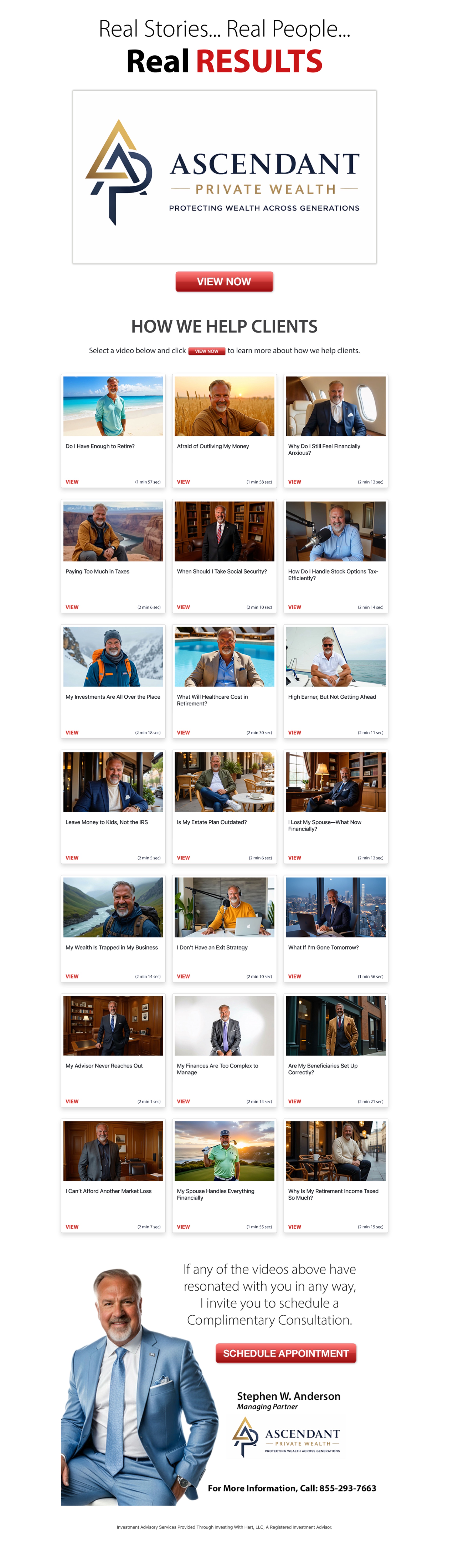 How We Help Clients — Stephen W. Anderson's live pain-point page with 21 AI videos