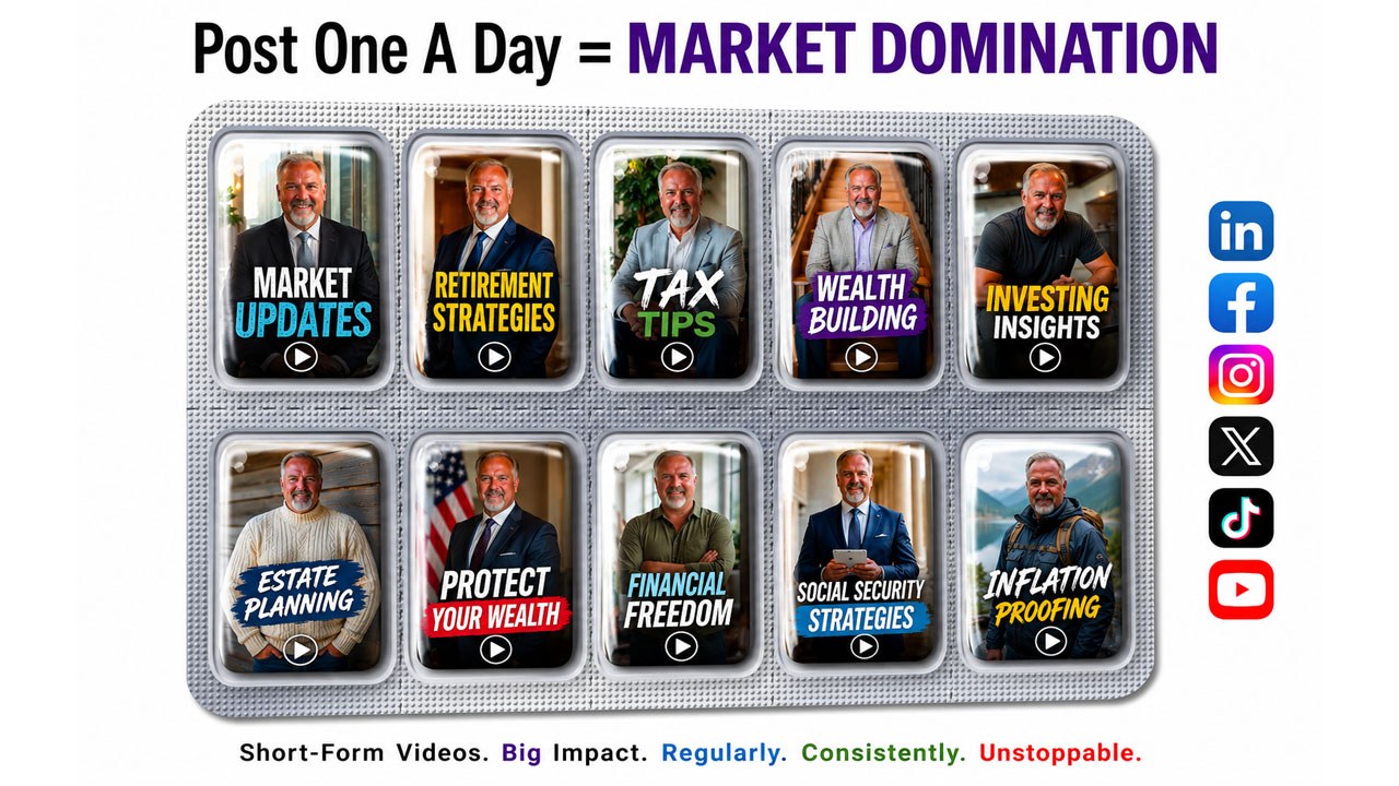 Post one a day equals market domination — short-form videos across LinkedIn, Facebook, Instagram, X, TikTok, and YouTube covering market updates, retirement strategies, tax tips, wealth building, investing insights, estate planning, protect your wealth, financial freedom, social security strategies, and inflation proofing
